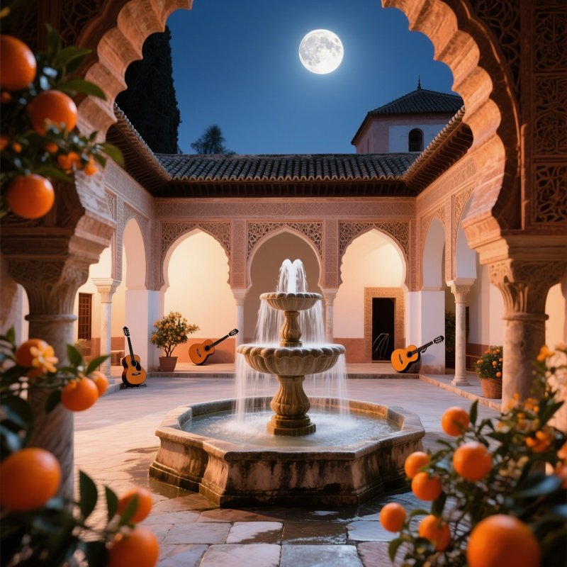 Moonlit Courtyard Granada Moorish Arcs Fountain Orange Blossom Guitar
