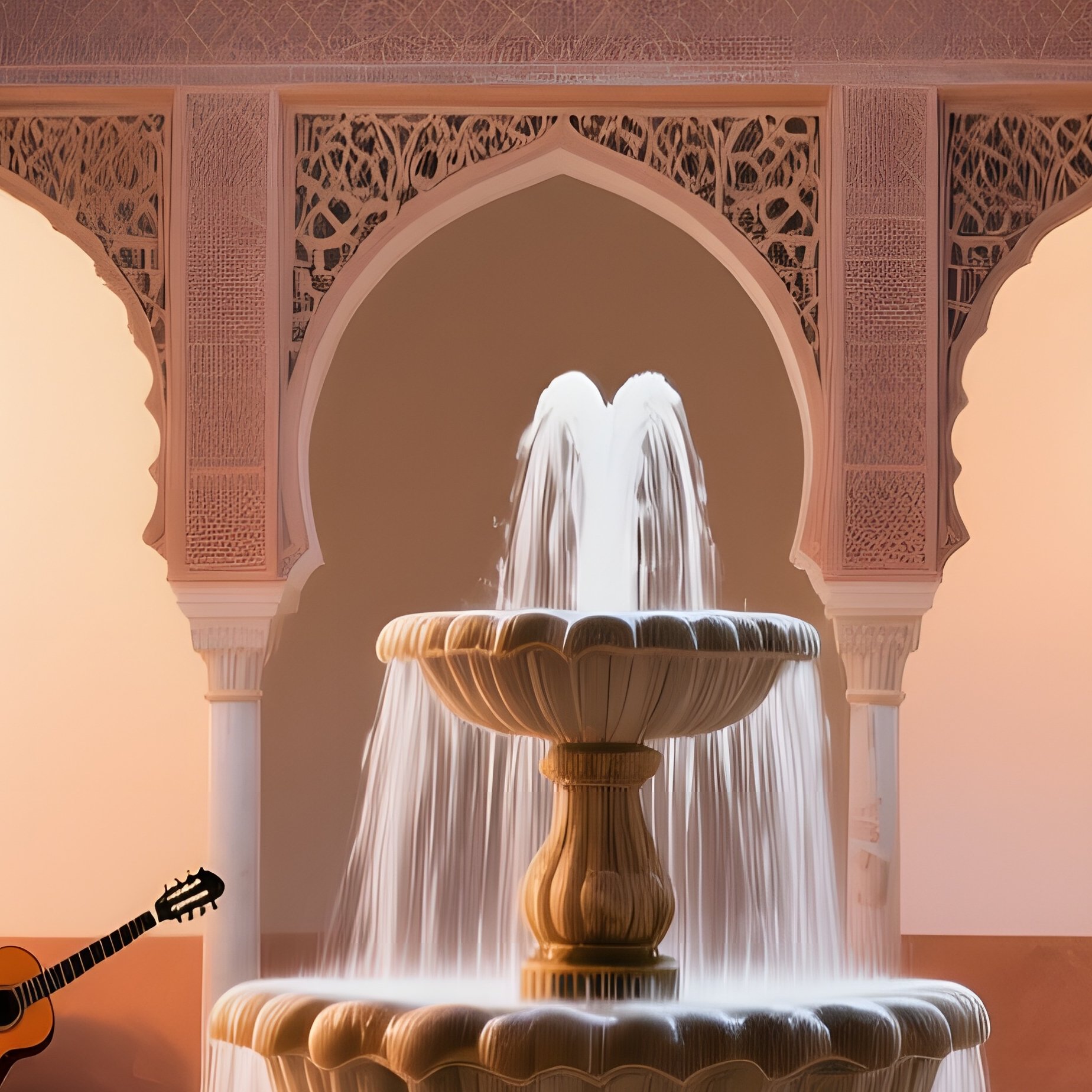Moonlit Courtyard Granada Moorish Arcs Fountain Orange Blossom Guitar - Full Resolution Quality Preview