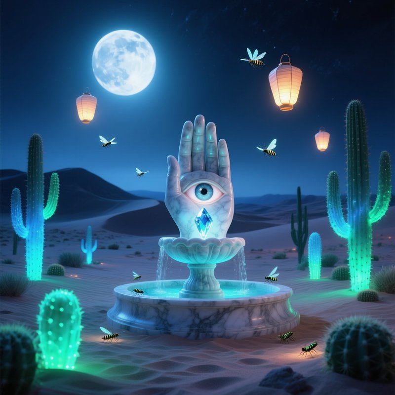 Moonlit Desert Oasis Marble Fountain Hand Eye