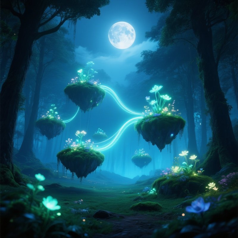 Moonlit Enchanted Forest Clearing Floating Islands