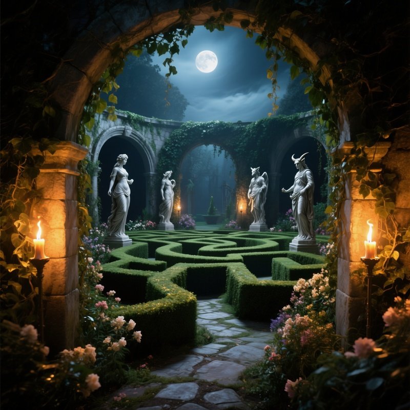 Moonlit Garden Maze Entrance Torches Ivy Arches Statues