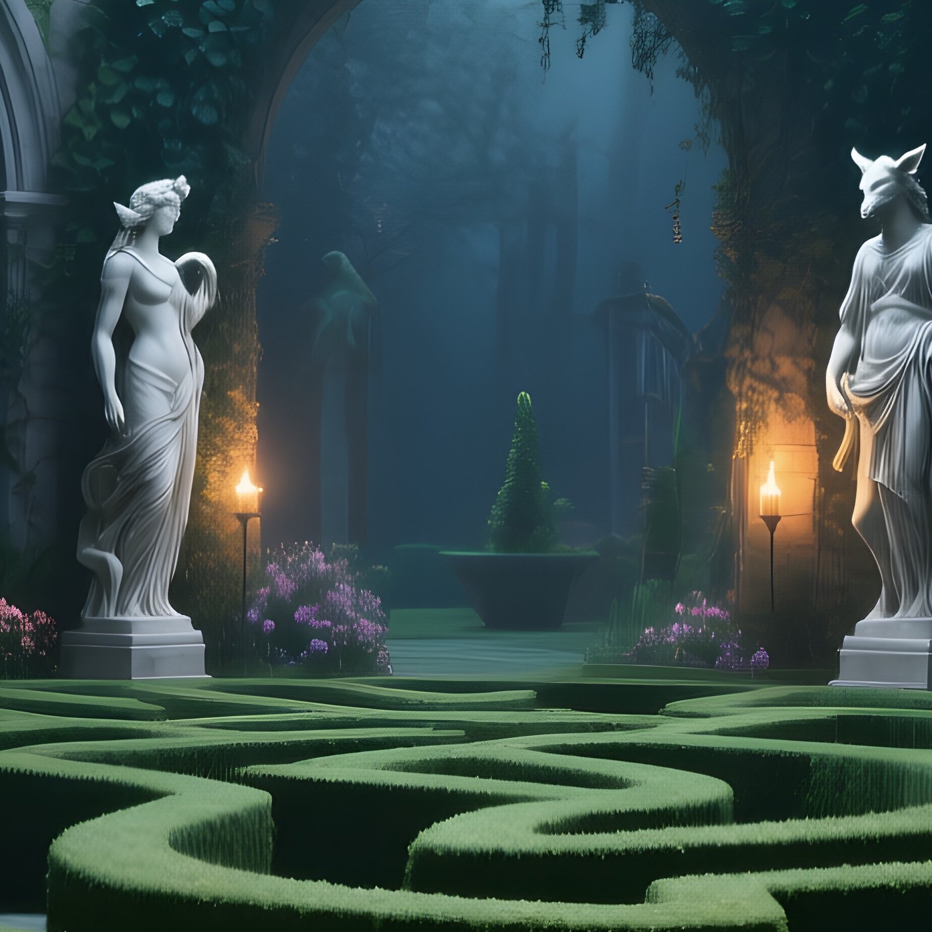 Moonlit Garden Maze Entrance Torches Ivy Arches Statues - Full Resolution Quality Preview
