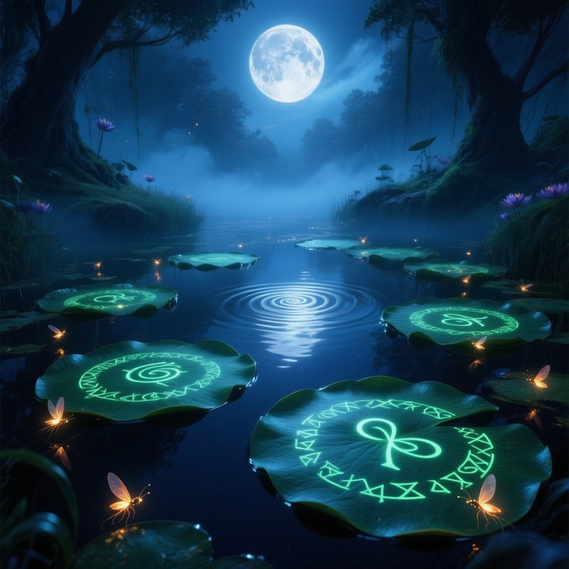 Moonlit Glade Giant Lily Pads Glowing Runes Fireflies
