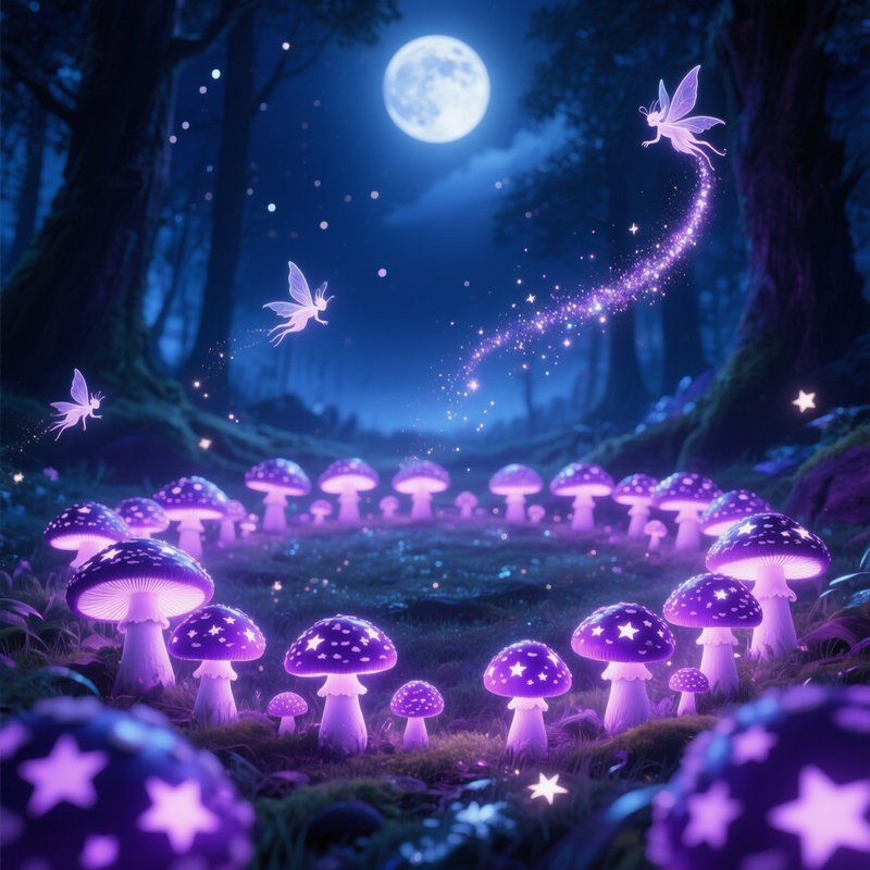 Moonlit Glade With Glowing Toadstools And Sprites