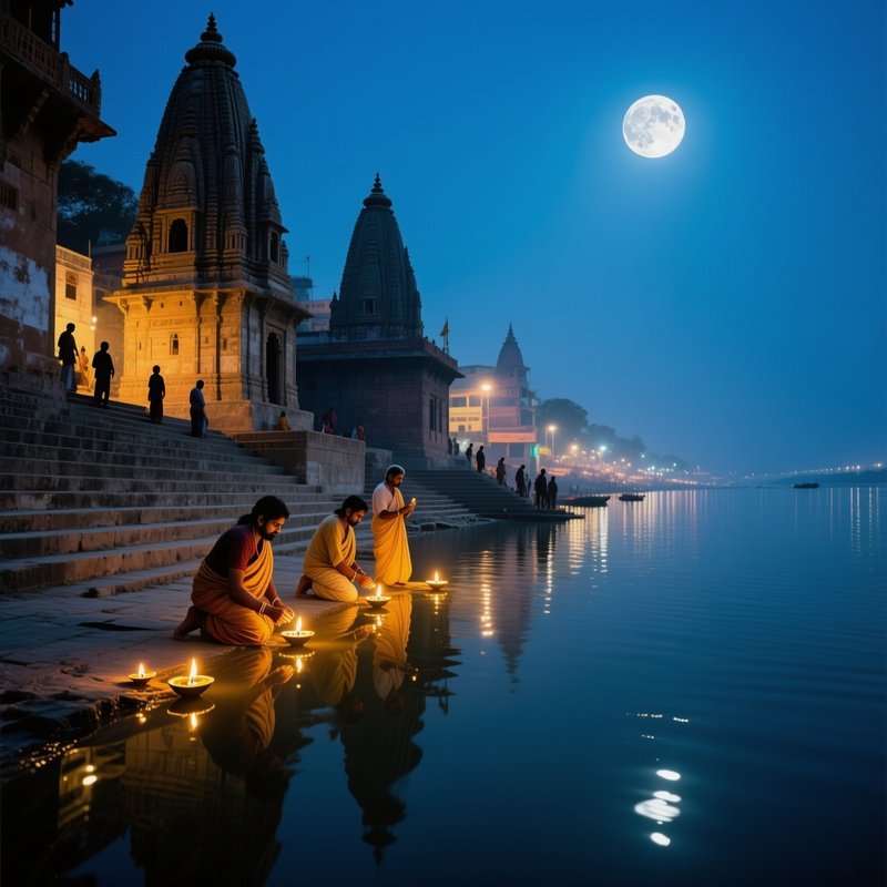 Moonlit Night Ganges Varanasi Pilgrims Oil Lamps Ghats Reflection