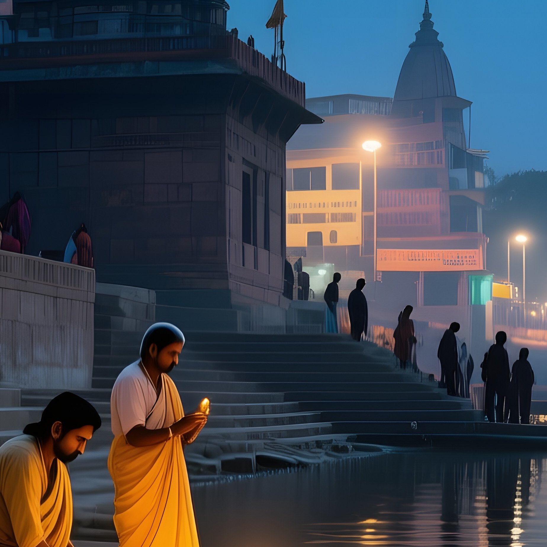 Moonlit Night Ganges Varanasi Pilgrims Oil Lamps Ghats Reflection - Full Resolution Quality Preview