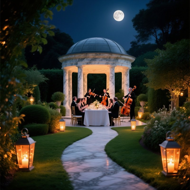 Moonlit Palace Garden Path Lanterns Marble Pavilion String Quartet Dinner