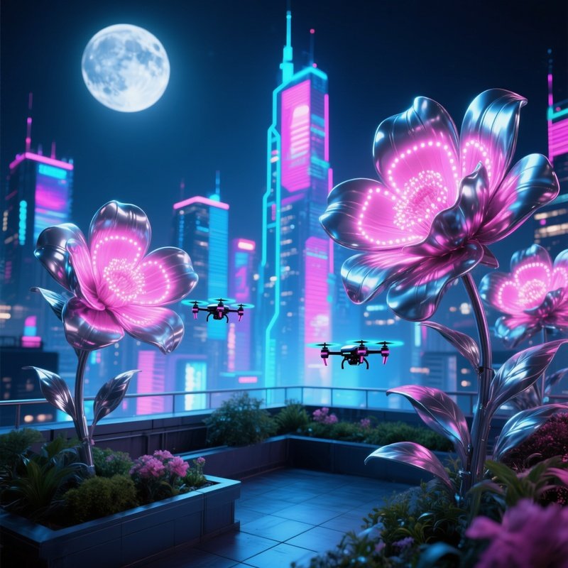 Moonlit Rooftop Garden Giant Metallic Flowers Drones Neon Skyline