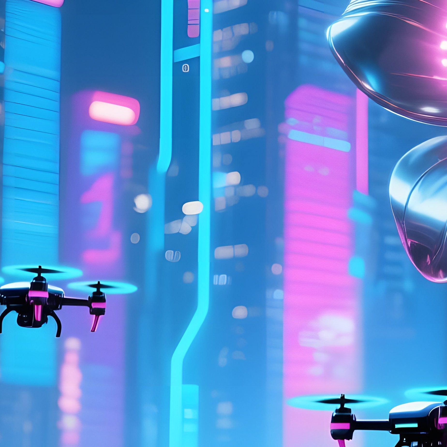 Moonlit Rooftop Garden Giant Metallic Flowers Drones Neon Skyline - Full Resolution Quality Preview