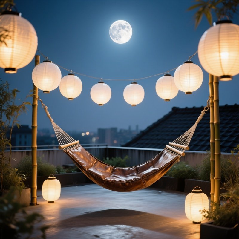 Moonlit Rooftop Garden Leather Hammock Bamboo Poles Organza Lanterns