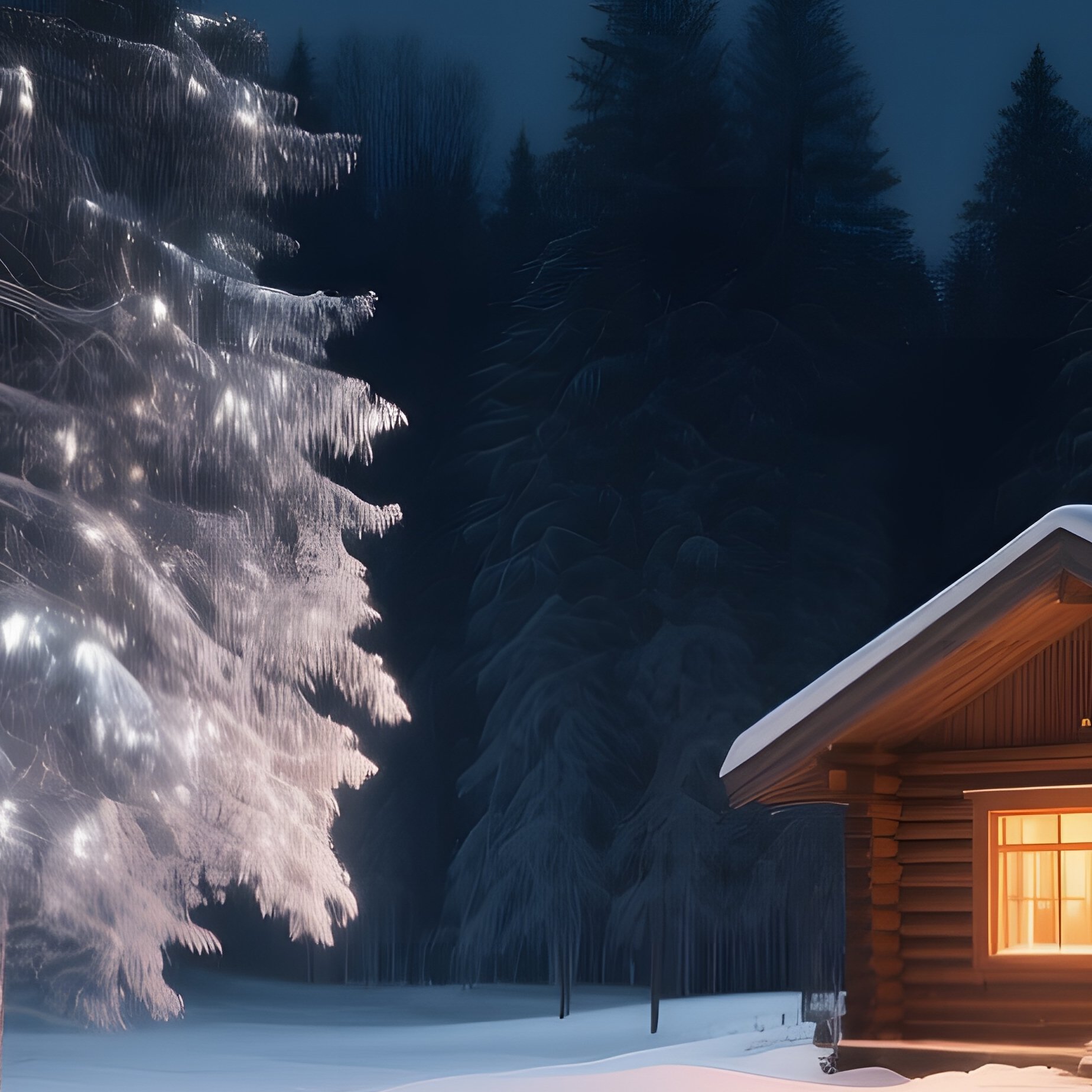 Moonlit Snowfield With Pine Trees And Cabin - Full Resolution Quality Preview