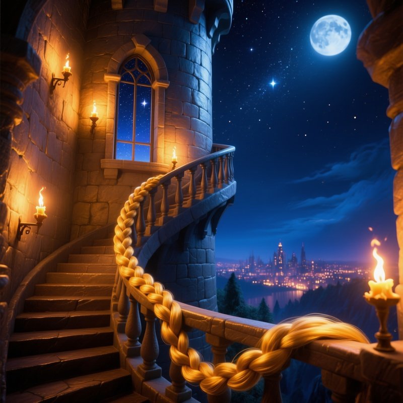 Moonlit Tower Interior Rapunzel Braid Spiral Stairs