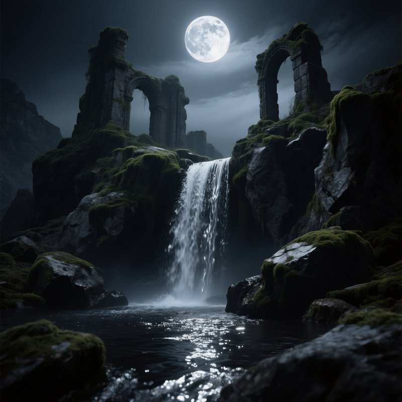 Moonlit Waterfall Over Ancient Ruins