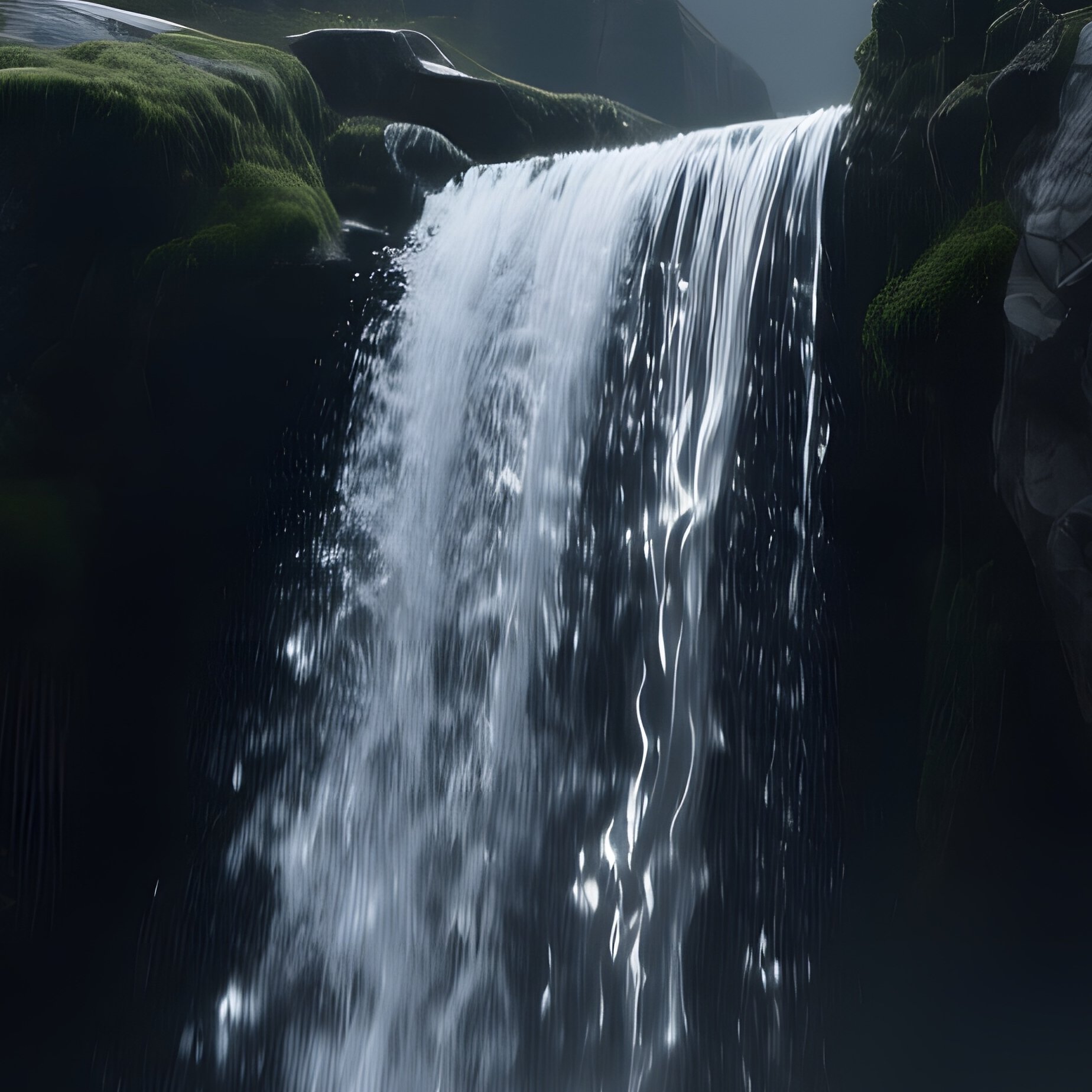 Moonlit Waterfall Over Ancient Ruins - Full Resolution Quality Preview