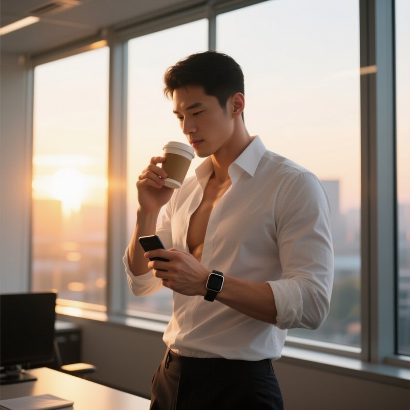 Morning Sunrise Through Large Office Windows, A Toned Male Executive In A Crisp White Shirt