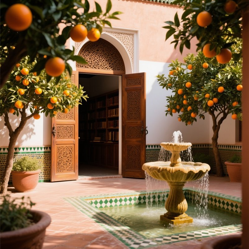 Moroccan Riad Courtyard With Library