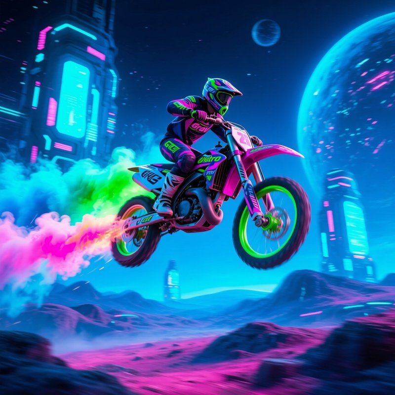 Motocross Racer Grav Nitro Soaring Through Smoke Trails Futuristic