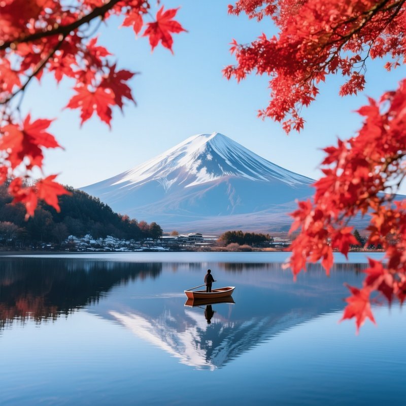 Mount Fuji Surrounded By Autumn Foliage And A Lake Mount Fuji