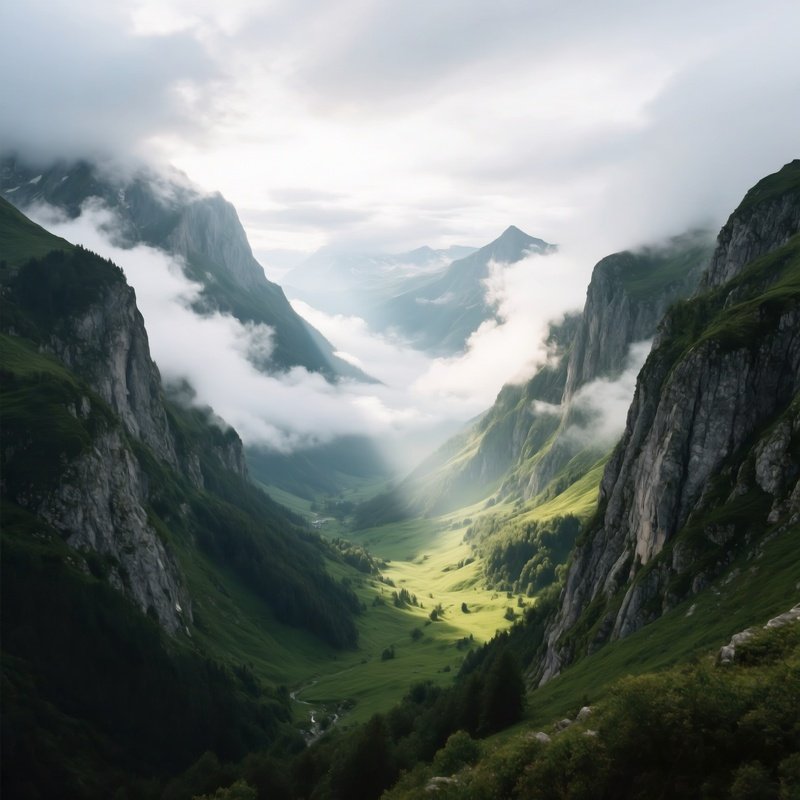 Mountain Valley With Clouds Nature Landscape