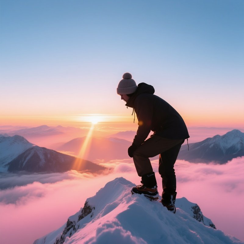Mountaineer At Sunrise On Snowy Summit