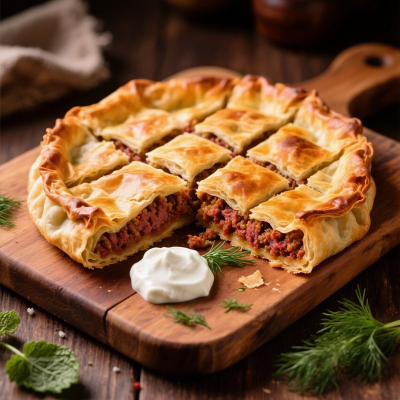 Mpougatsa With Meat Kimadopita Flaky Phyllo Pie Cut Into Bite Sized Squares