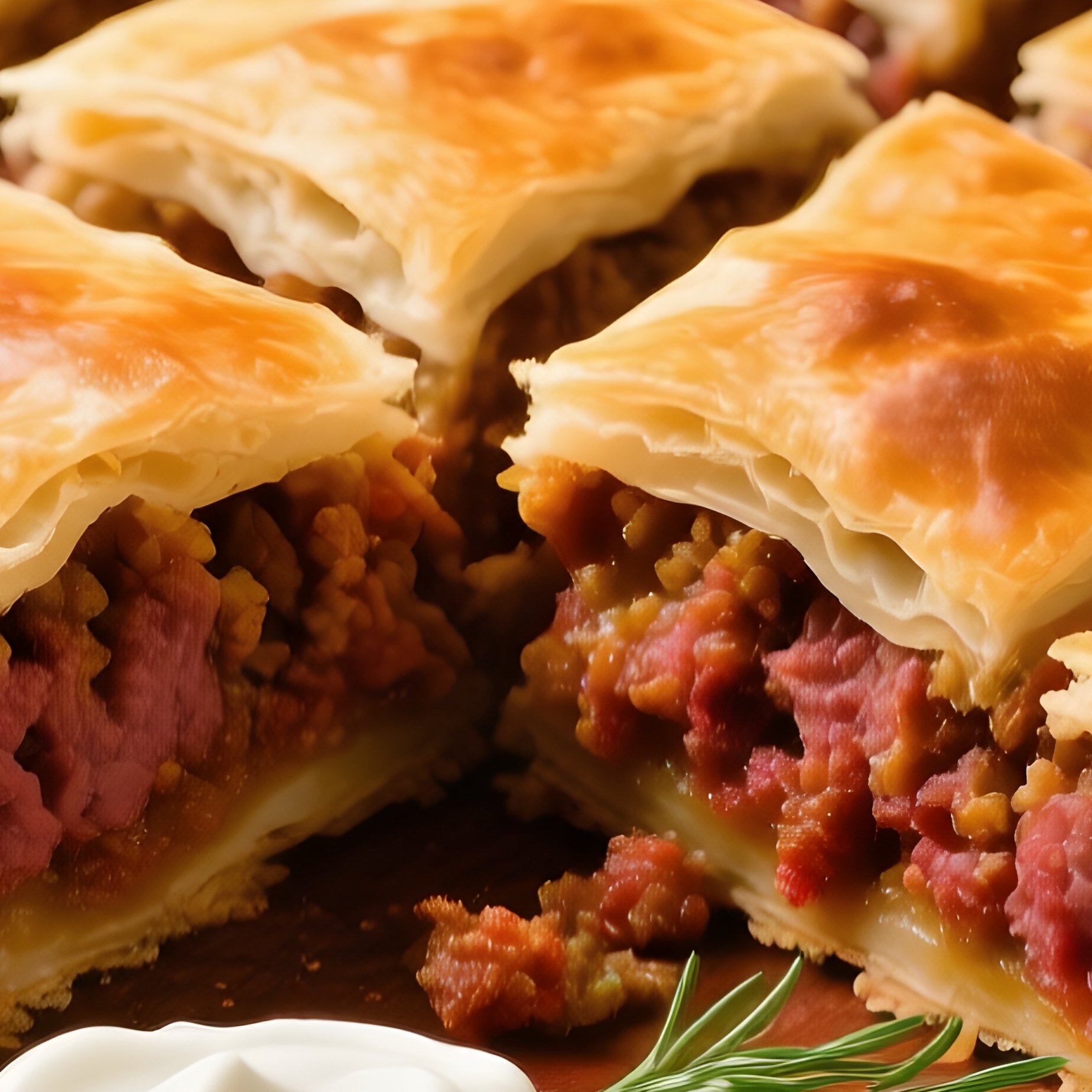 Mpougatsa With Meat Kimadopita Flaky Phyllo Pie Cut Into Bite Sized Squares - Full Resolution Quality Preview