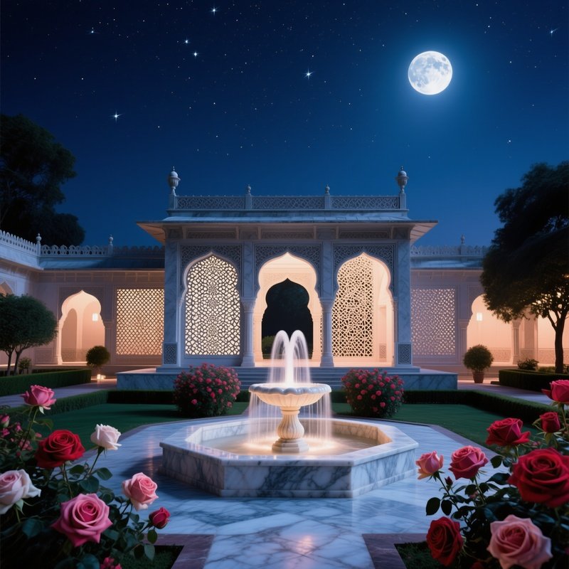 Mughal Garden Pavilion Night Moonlight Fountains