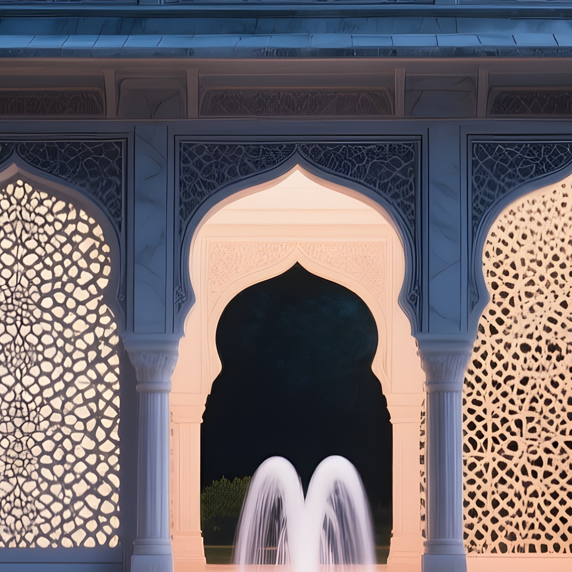 Mughal Garden Pavilion Night Moonlight Fountains - Full Resolution Quality Preview