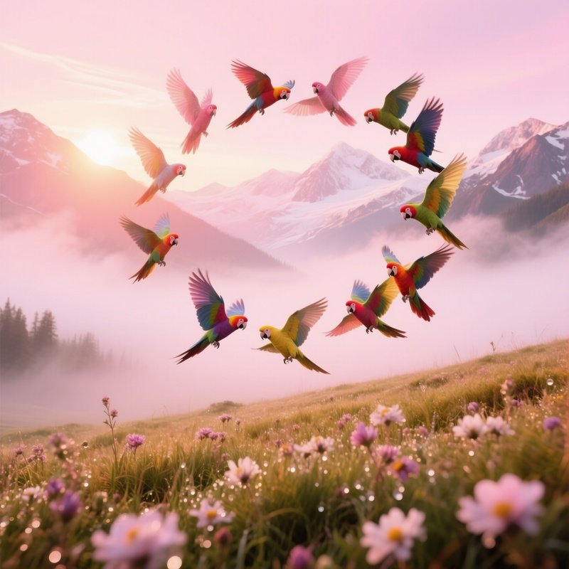 Multicolored Cockatoos Swirling Over Misty Mountaintop At Sunrise