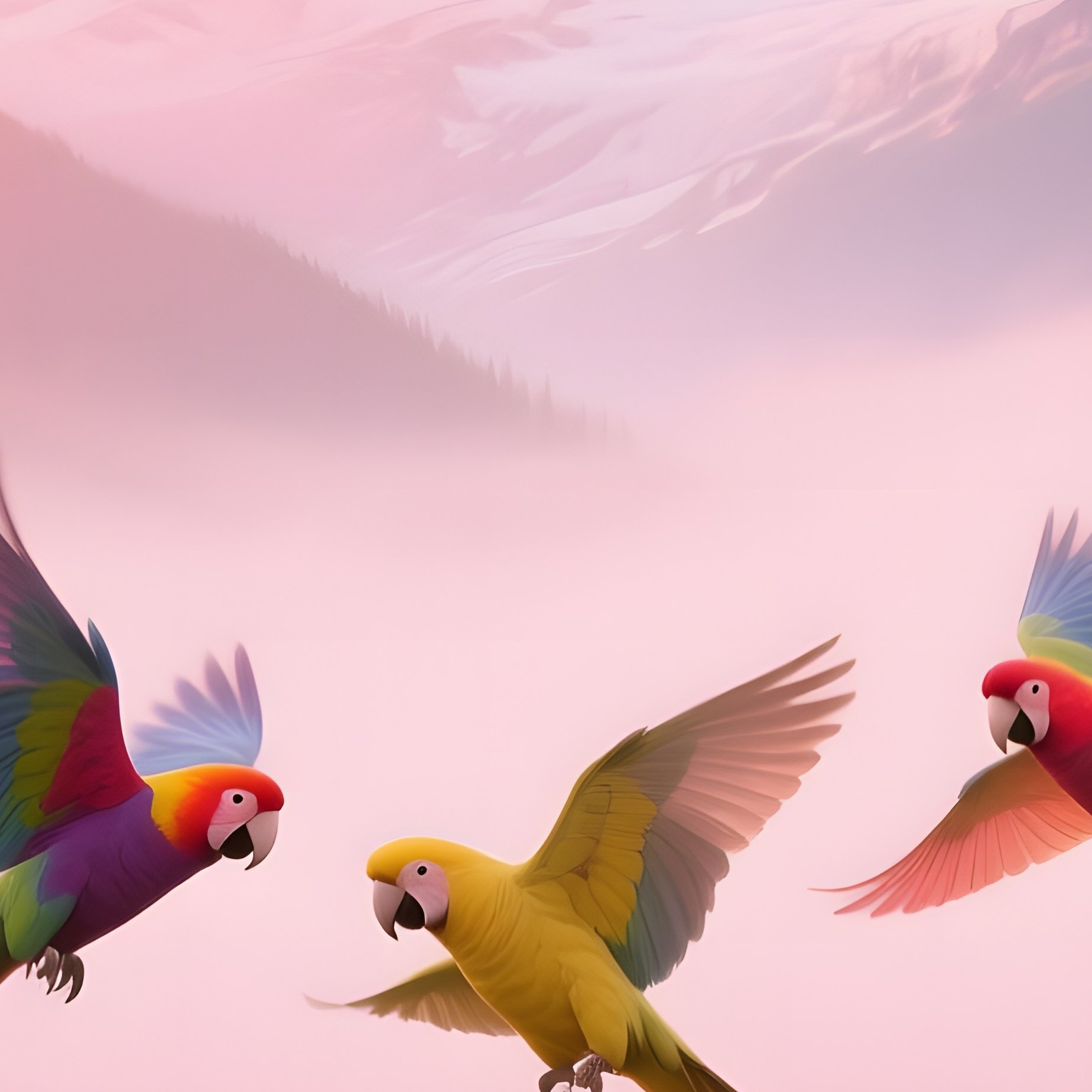 Multicolored Cockatoos Swirling Over Misty Mountaintop At Sunrise - Full Resolution Quality Preview