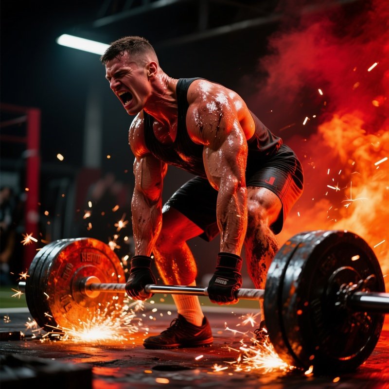 Muscular Athlete Lifting Hot Steel Bar