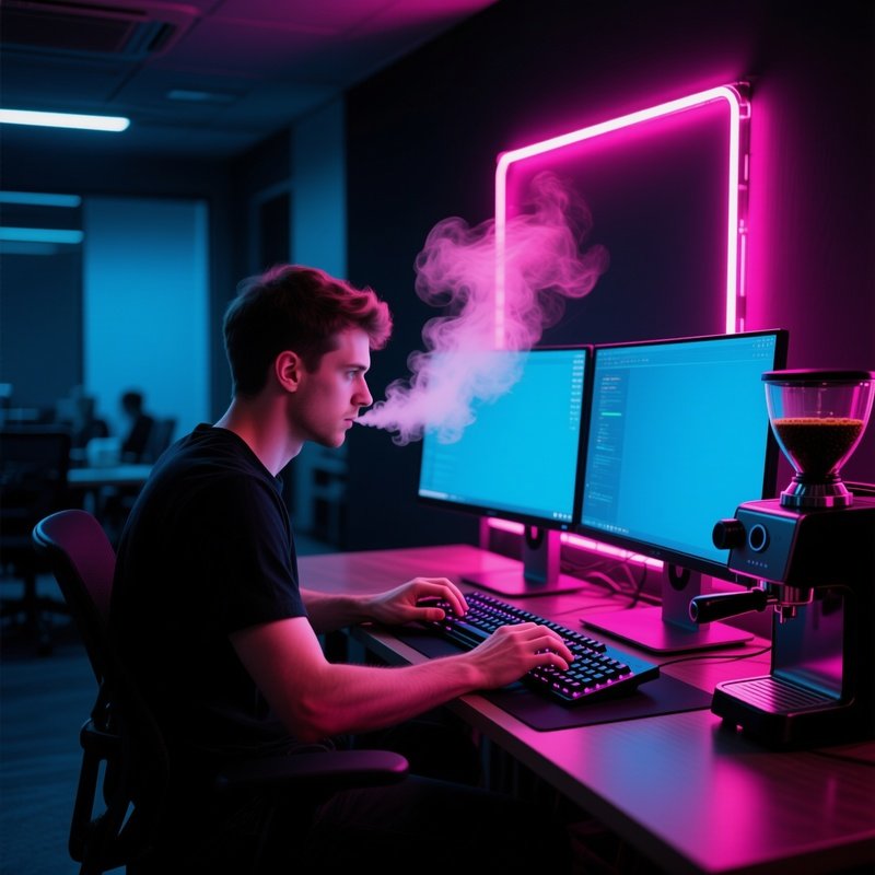 Muscular Coder In Dark Mode Coworking Space