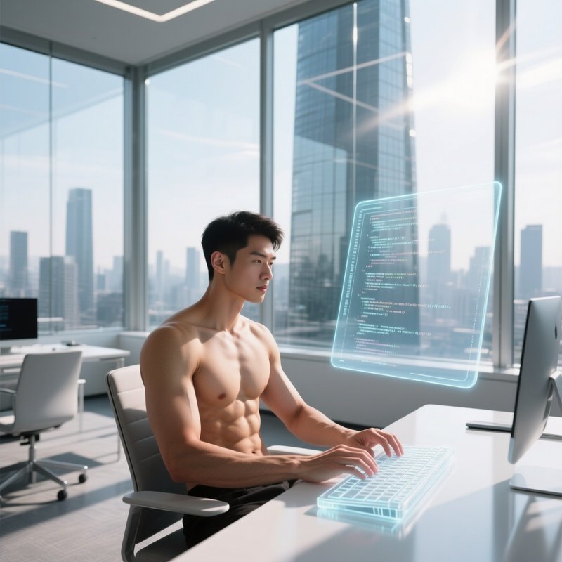 Muscular Man In Glass Office Tower