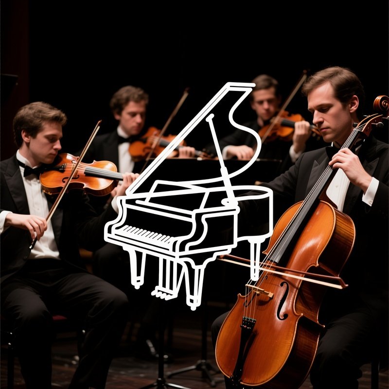 Musicians Playing Instruments With A Piano Icon Overlay Music