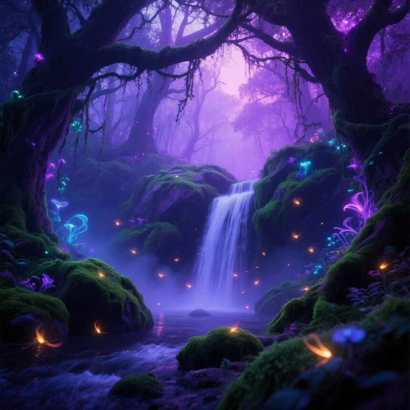 Mystical Twilight Fireflies Hidden Waterfall Enchanted Forest