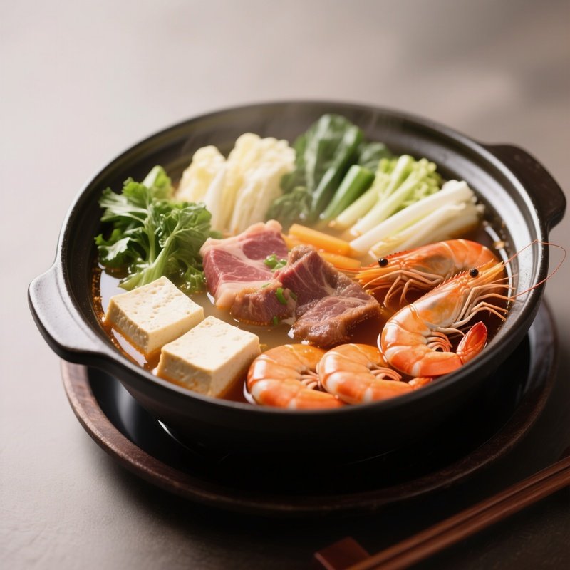 Nabe Hot Pot With Assorted Vegetables, Tofu, Meat, And Seafood In Seasoned Broth