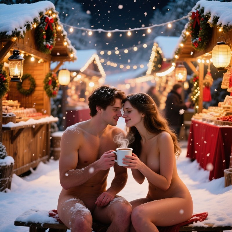 Naked Couple Sharing Hot Cocoa At Holiday Market