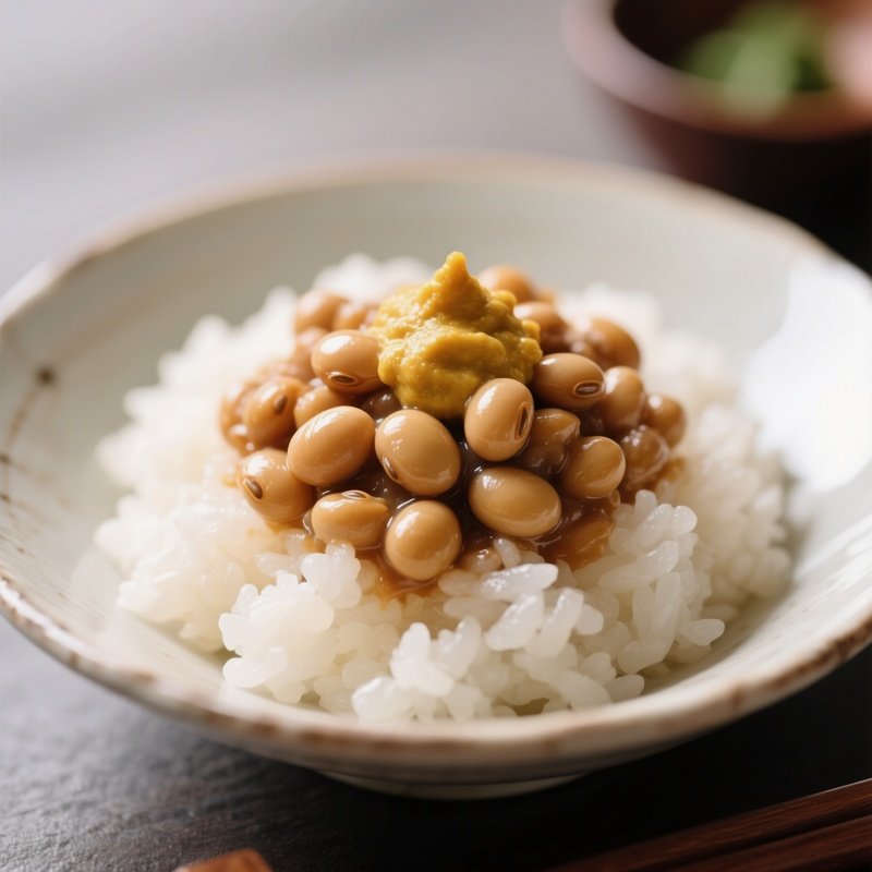 Natto Fermented Soybeans Served Over Rice With Mustard
