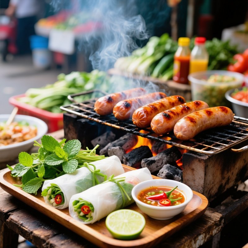 Nem Nuong Grilled Pork Sausage With Rice Paper Herbs And Dipping Sauce