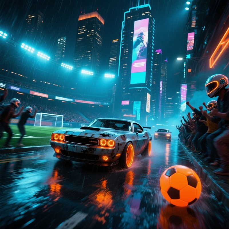 Neon Downtown Street Transforms Into Soccer Arena With Muscle Cars Chasing Ball