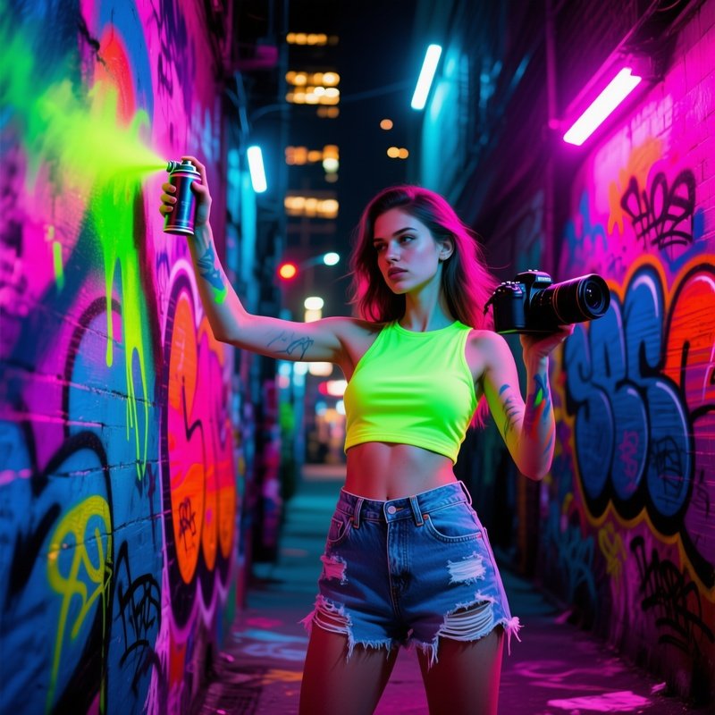 Neon Graffiti Model Spraying Paint