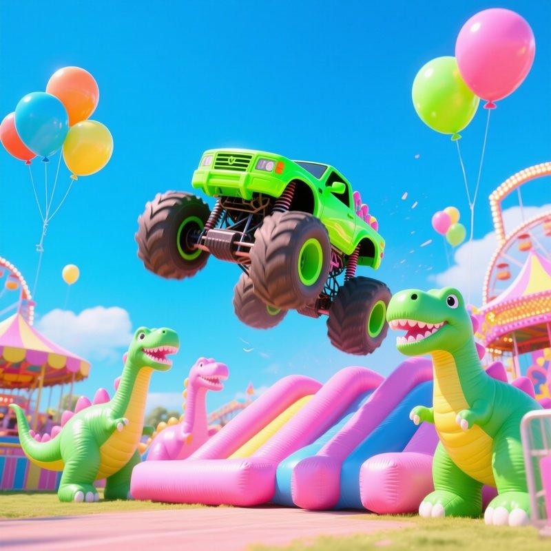 Neon Green Monster Truck Leaping Over Inflatable Dinosaurs At Summer Fair