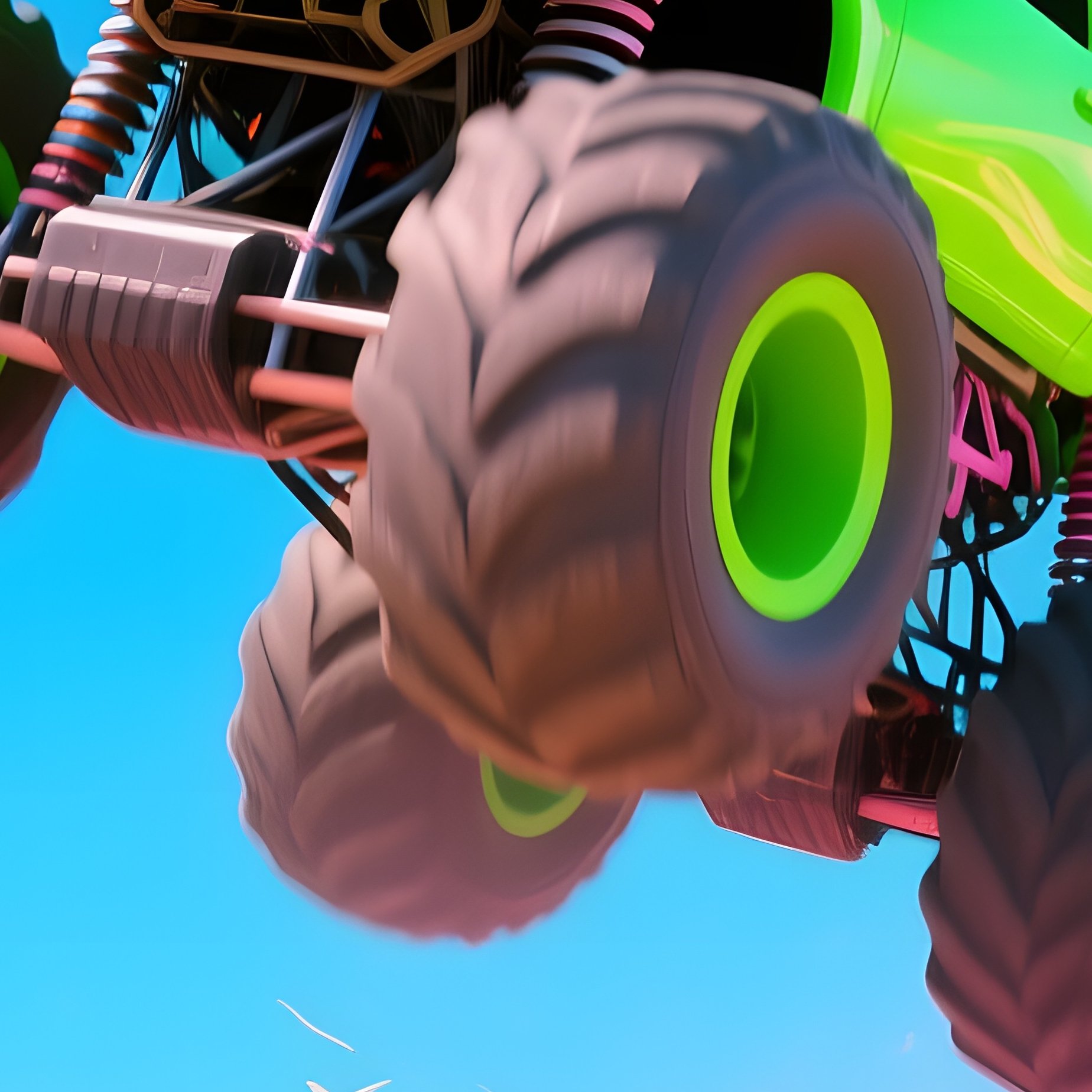 Neon Green Monster Truck Leaping Over Inflatable Dinosaurs At Summer Fair - Full Resolution Quality Preview