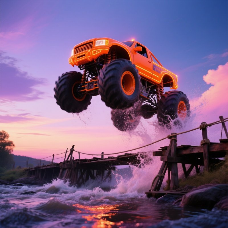 Neon Orange Monster Truck Leaping Across River At Twilight