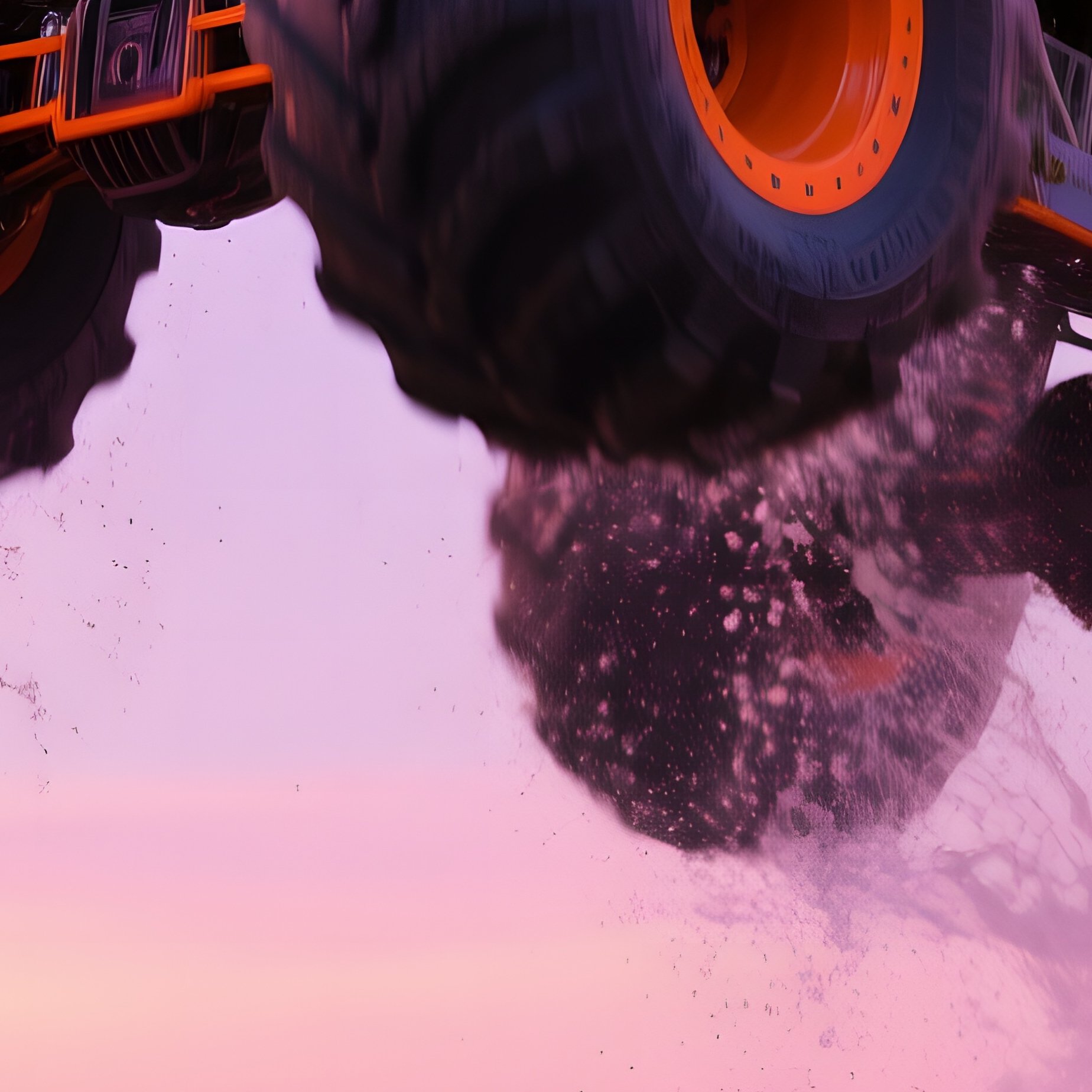 Neon Orange Monster Truck Leaping Across River At Twilight - Full Resolution Quality Preview