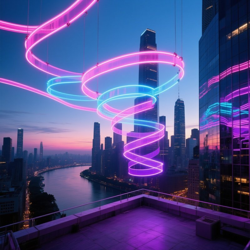 Neon Ribbons Suspended Over City At Twilight