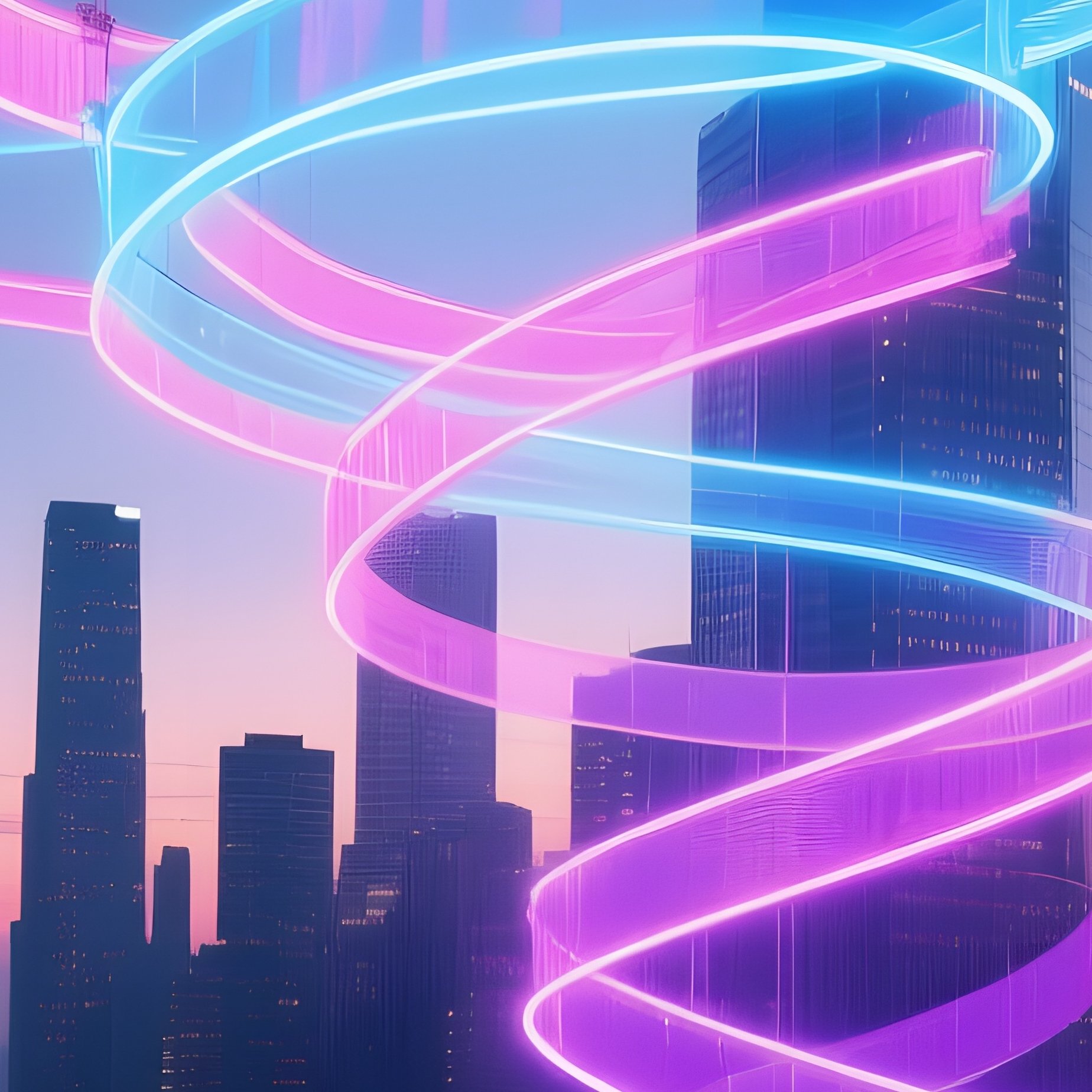 Neon Ribbons Suspended Over City At Twilight - Full Resolution Quality Preview