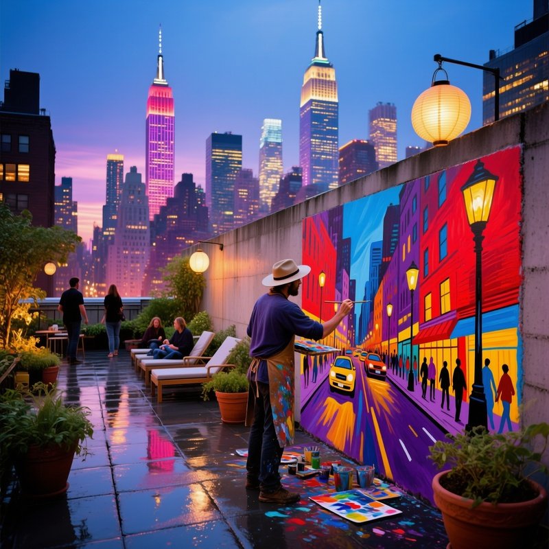 New York Rooftop Garden Twilight Fresco Painting