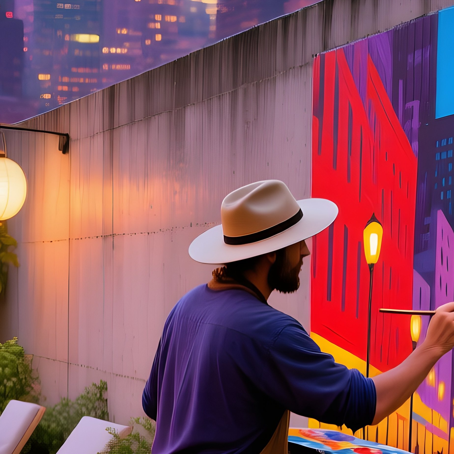 New York Rooftop Garden Twilight Fresco Painting - Full Resolution Quality Preview