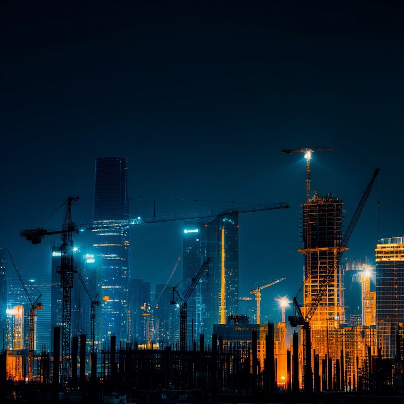 Night City Skyline With Cranes And Unfinished Towers